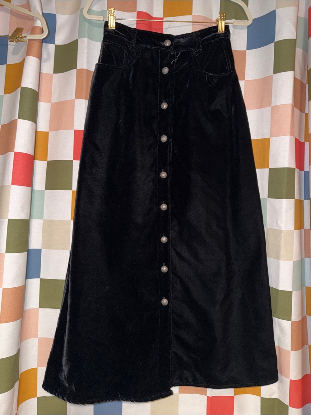 Vintage Roper Black Velvet Maxi Skirt Silver Buttons Size Sm